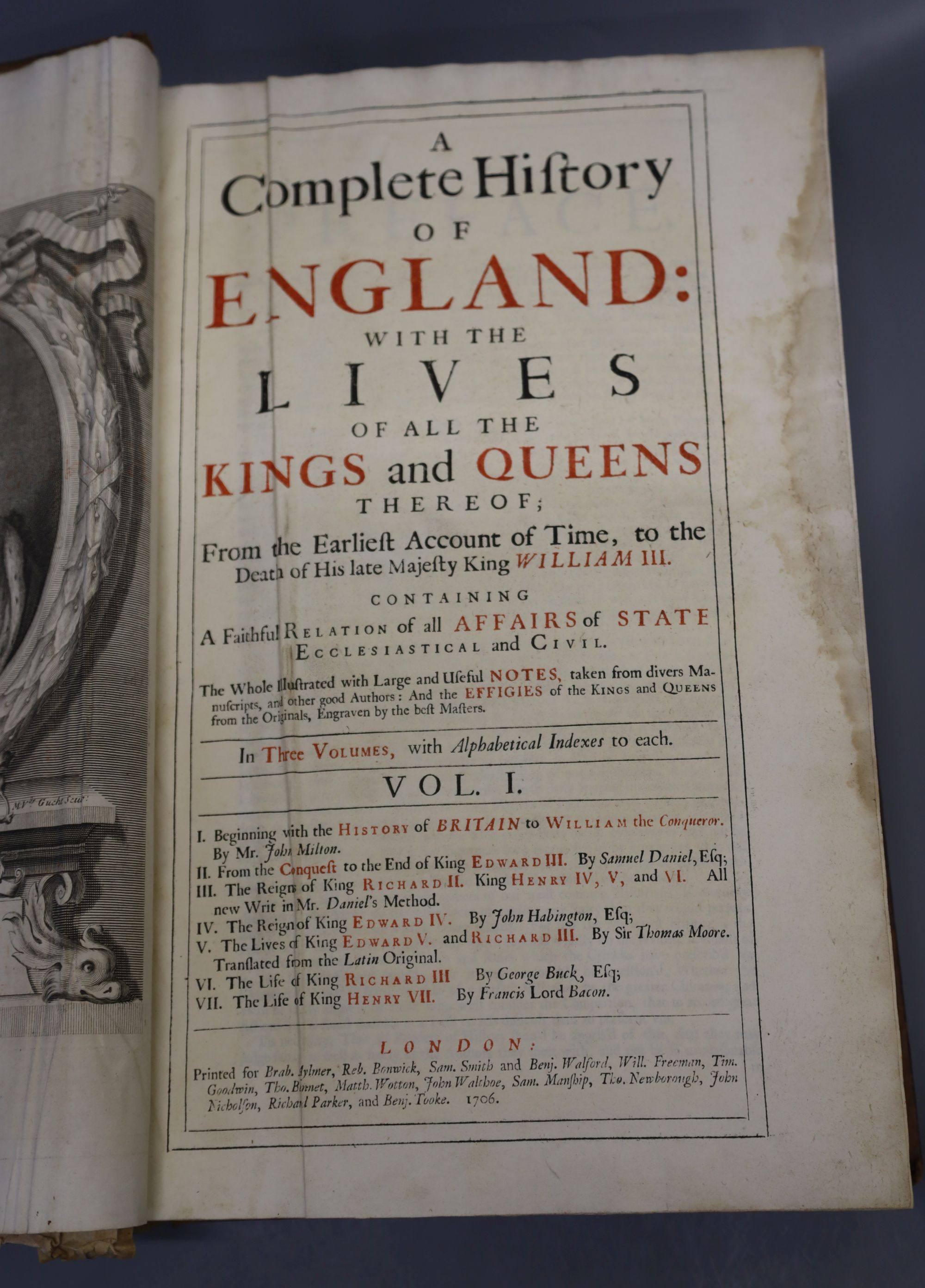 Hughes, John and Kennett, White (editors) - A Complete History of England, 3 vols, folio, old calf, worn and scuffed, with 30 portraits